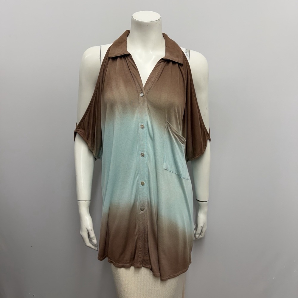 Young Fabulous & Broke Cold Shoulder Top Tie Dye NWT $150.00 Brown Aqua Ombre L